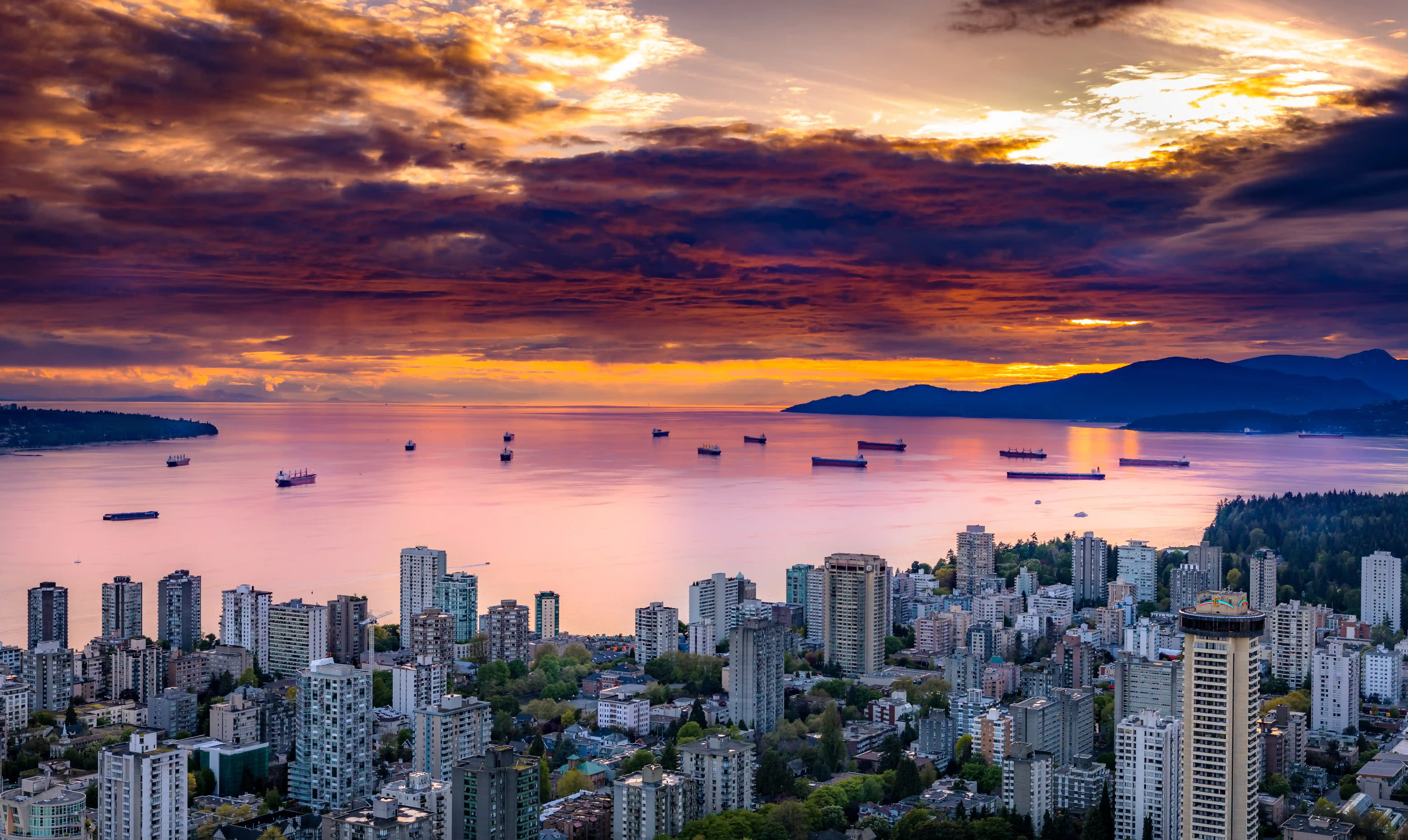 A city skyline on a coast.